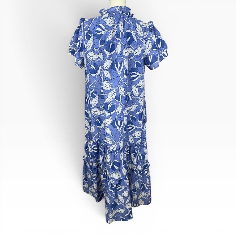 J. Marie Floral Maxi Dress Small Blue White Tiered Tie Neck Romantic Ruffles - Picture 3 of 12